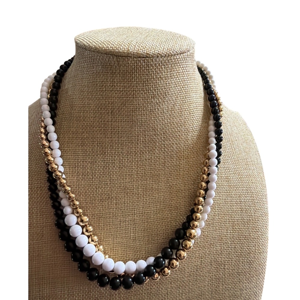 Napier Multi Strand Beaded Necklace Black White Gold Tone Layered Statement 16in